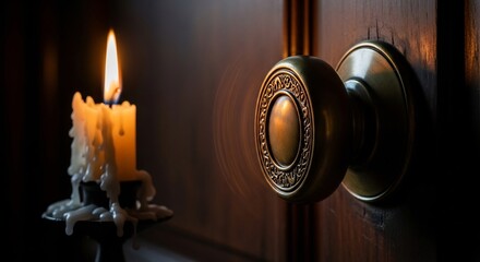 A lit candle sits near a bronze door knob on a wooden door casting light on the scene