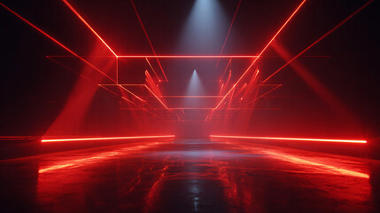 Bright Red Laser Beams in Dark Futuristic Room with Light Rays, Generative AI
