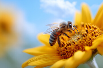 .Bee Pollinating Orange and Yellow Flowers
