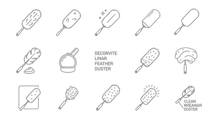 A collection of simple line art illustrations depicting various feather dusters and cleaning tools.