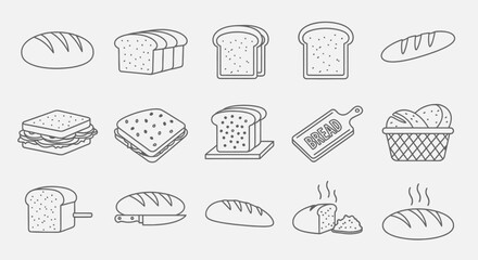 Line art illustration depicting various bread types, including loaves, slices, sandwiches, and bread in a basket.