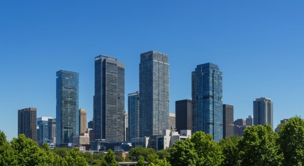 Fototapeta premium Modern City Skyline with Skyscrapers and Sunlight in Business District