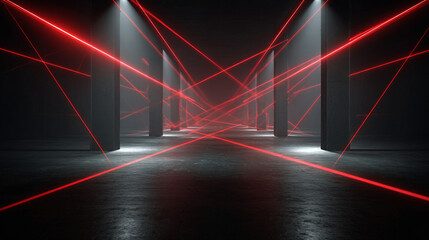 Bright Red Laser Beams in Dark Futuristic Room with Light Rays, Generative AI
