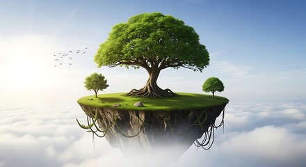 Lush green trees stand sentinel on a floating island suspended amidst a field of clouds, showcasing a serene and tranquil fantasy scene.