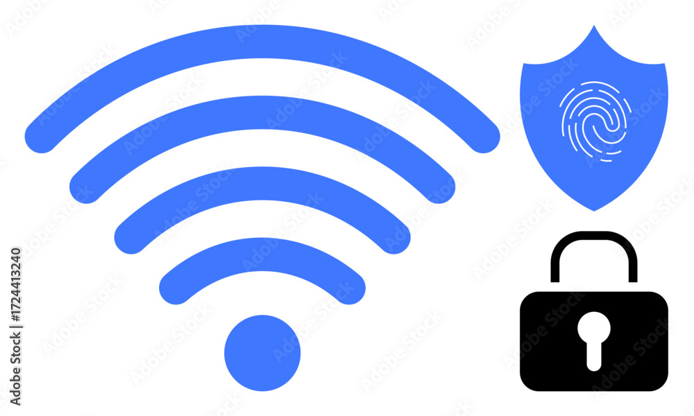 Aufkleber wireless signal icon with shield featuring fingerprint and a lock, symbolizing network security or d