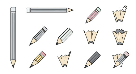 Obraz premium Illustration featuring various pencils and pencil shavings, showcasing different angles and states.