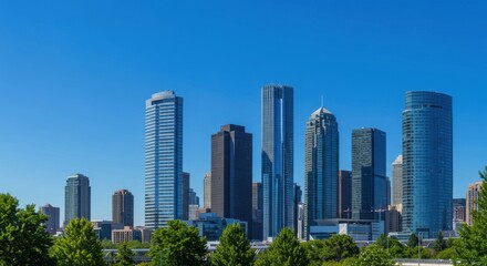 Fototapeta premium Modern City Skyline with Skyscrapers and Sunlight in Business District