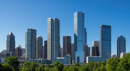Fototapeta premium Modern City Skyline with Skyscrapers and Sunlight in Business District