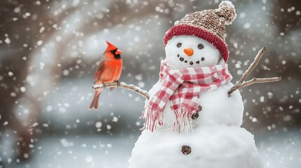 A charming snowman with a knit hat and scarf is visited by a vibrant cardinal perched on its twig arm, set against a backdrop of gentle snowfall