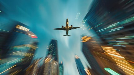 Plane over cityscape at night