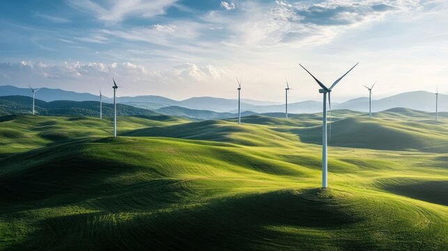 Wind turbines on rolling green hills