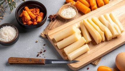 Prepared Asian snacks on a cutting board