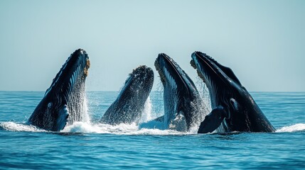 Whales breaching in the ocean