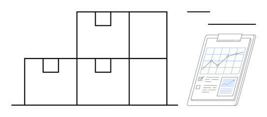 Stacked boxes beside a clipboard showcasing data charts and graphs. Ideal for logistics, inventory, warehouse, supply chain, business, planning, organization themes. Simple flat metaphor