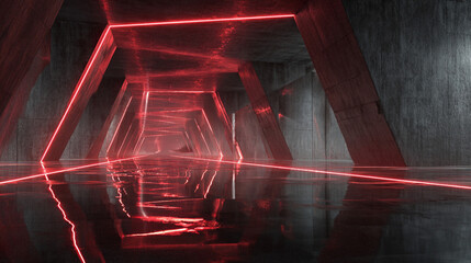 Bright Red Laser Beams in Dark Futuristic Room with Light Rays, Generative AI
