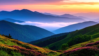 Obraz premium Mountain landscape with purple flowers at sunset with scenic view.