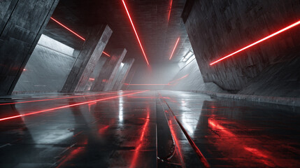 Bright Red Laser Beams in Dark Futuristic Room with Light Rays, Generative AI
