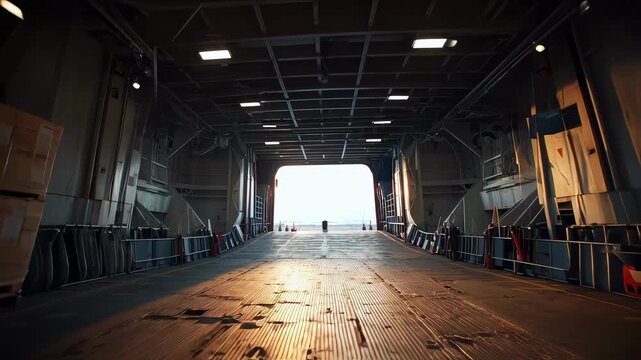 A wideangle perspective of the RoRo cargo deck showcasing the interplay of natural and artificial light where sunlight filters through the open ramp while overhead lights enhance the