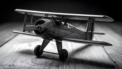 Vintage biplane model on wooden surface