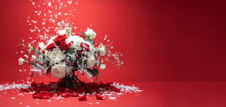A floral arrangement of red and white roses, with falling petals and confetti on a vibrant red background. The image captures concepts of celebration, romance, and festivity.