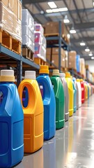 Colorful plastic jugs lined up in warehouse