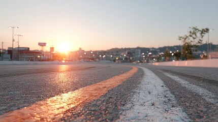 Asphalt Road Surface Reflecting Sunlight with Dividing Lines During Sunset in Urban Environment Low Angle View
