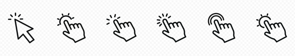Computer mouse cursor icons. Cursors containing pointer, arrow and hand symbol with pixelated form. Transparent vector illustration.