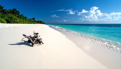 Pristine beach scene with driftwood