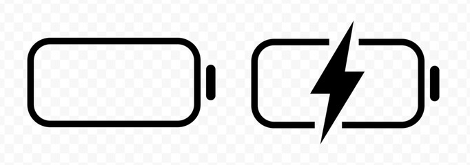 Battery level icon set. Charge level indicator collection with low, medium, full and charging symbol for app and UI. Transparent PNG and vector illustration