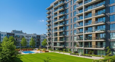 Modern Residential Apartment Building with Glass Balconies under Blue Sky