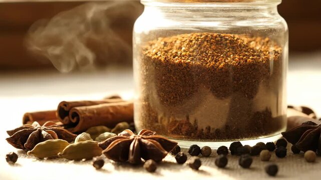 Indian masala spice blend in glass jar with whole cinnamon star anise cardamom peppercorns for traditional cooking