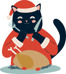 Black cat in Santa hat with turkey