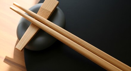 A pair of elegant wooden chopsticks rests on a dark gray coaster, highlighting the natural beauty of the material.