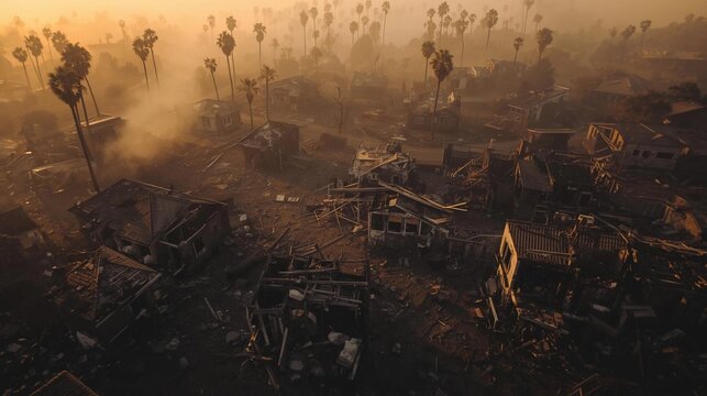Aerial view of burned homes in Malibu after wildfire.