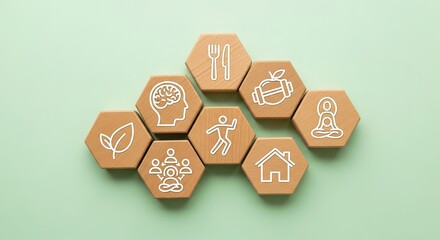 Fototapeta premium Wellness concept with icons on wooden hexagons against a light g