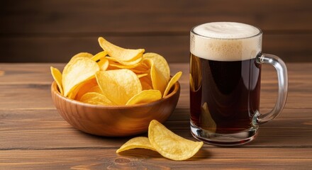 A wooden bowl overflowing with crispy potato chips next to a tall glass of dark beer with a frothy head on a rustic wooden surface