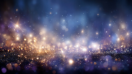 Obraz premium A sparkling, glittery background with golden and blue bokeh lights creating a magical, festive, and dreamy atmosphere