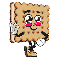 cute square biscuit sandwich mascot character vector illustration greet by giving oke sign, work of hand drawn