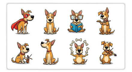 Cartoon dogs in various poses and activities including reading and playing instruments in a grid layout