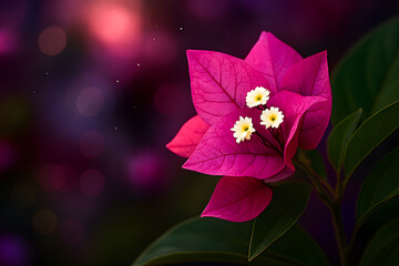 Close-up of Magenta Bougainvillea with Green Leaves and Soft Purple Pink Bokeh