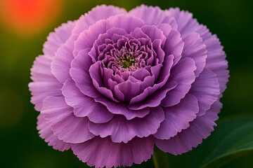 Close-up of Purple White Carnation with Green Leaves and Warm Green Gold Bokeh