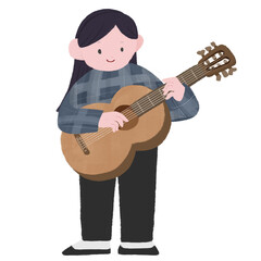 ギターを弾く女性の手描きカラーイラスト