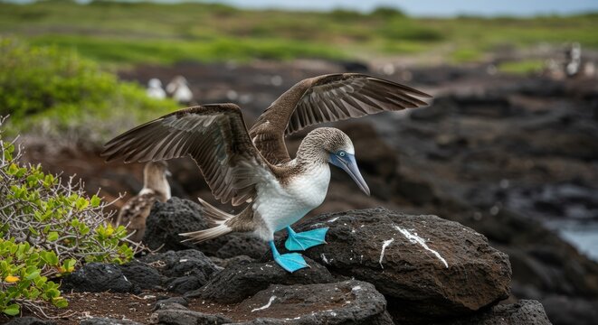 Blue footed booby preparing for flight