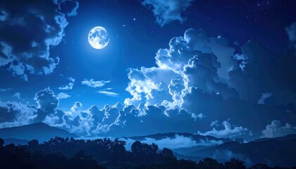 Illuminated night scene of forested hills with a shining moon and puffy clouds casting soft shadows creating depth and a dreamlike view