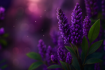 Close-up of Lavender Flowers with Green Leaves and Soft Purple Pink Bokeh