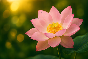 Close-up of Pink Lotus with Green Leaves and Soft Green Yellow Bokeh