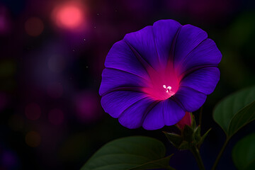 Close-up of Purple Morning Glory with Green Leaves and Soft Purple Pink Bokeh
