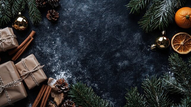 Festive christmas background with gifts, fir branches, cinnamon sticks, dried oranges, pine cones, christmas ornaments and tangerines on a dark surface
