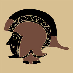 Head of Ancient Greek warrior wearing helmet. Vase painting style. Ethnic design.