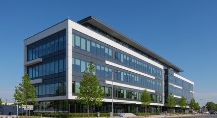 Obraz premium Modern Office Building with Glass Windows and Clean Architectural Design